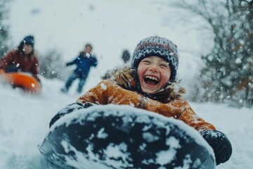 Wall Mural - A family having fun sledding downhill in the snow, with children and parents laughing together