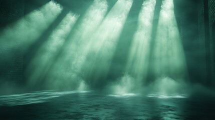 Poster - Dynamic beams of green light shoot through swirling mist illuminating stage as waves of smoke drift in the air the contrast with the dark background adding intensity to the scene