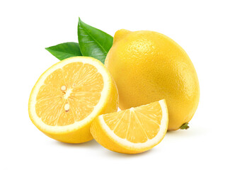 Wall Mural - Lemon fruit with cut in half and slice isolated on white background.