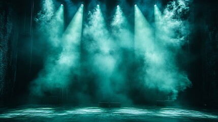 Poster - Dynamic beams of green light shoot through swirling mist illuminating stage as waves of smoke drift in the air the contrast with the dark background adding intensity to the scene