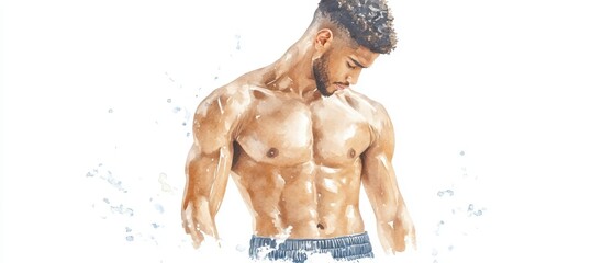 A muscular man gazes down, surrounded by splashes of water, highlighting strength and fitness in an artistic representation.