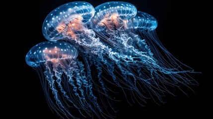 A glowing underwater scene featuring bioluminescent sea life, including jellyfish