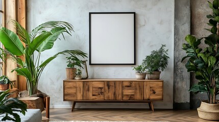 Poster - Elegant living room scene featuring blank poster frame on a pristine white wall a wooden sideboard underneath holding a single green plant creating a calm and minimalistic space