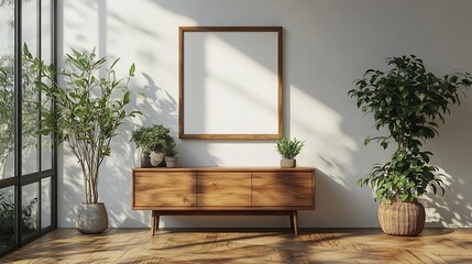 Poster - Elegant living room scene featuring blank poster frame on a pristine white wall a wooden sideboard underneath holding a single green plant creating a calm and minimalistic space