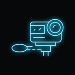 Poster - Blue neon icon of an action camera connected to a remote control is glowing on a black background
