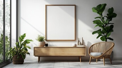 Poster - Elegant living room scene featuring blank poster frame on a pristine white wall a wooden sideboard underneath holding a single green plant creating a calm and minimalistic space