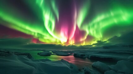 A breathtaking landscape illuminated by vibrant auroras dancing across the night sky, with natural scenery bathed in colorful, ethereal light.