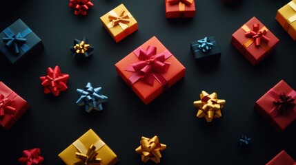 Aufkleber - Brightly colored gift boxes adorned with ribbons are meticulously arranged on a dark surface, creating a joyful festive atmosphere. Generative AI