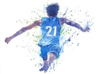 A dynamic watercolor illustration of a basketball player in a blue jersey with the number 21, captured in mid-motion, against a vibrant splash of colors.