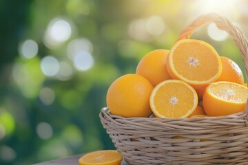 Wall Mural - Ripe Oranges in a Wicker Basket Against a Green and Sunny Background