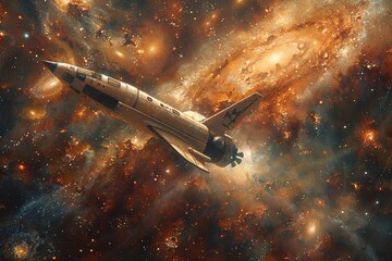 A rocket soaring through a vibrant cosmic landscape filled with galaxies and stars.