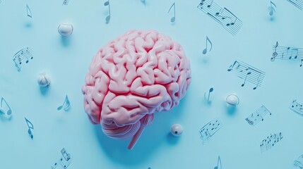 Poster - The visualization shows a human brain immersed in musical notes against a soothing pastel blue backdrop, highlighting creativity. Generative AI