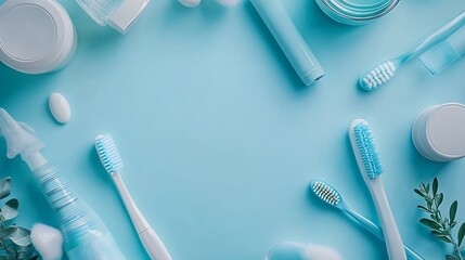 Poster - Flat lay of dental model and professional cleaning tools on a pastel blue surface ideal for dental hygiene promotion banners with clean space for messaging or healthcare branding