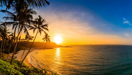 Bright beautiful seascape, sandy beach, clouds reflected in the water, natural minimalistic background and texture, panoramic view There is a sunset and coconut trees.