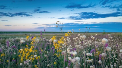 Vibrant wildflowers blooming under a colorful sky at sunset.