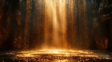 Poster - Golden confetti rains down an elegant stage bathed in a glowing light beam setting the perfect atmosphere for jubilees product presentations or glamorous event mockups