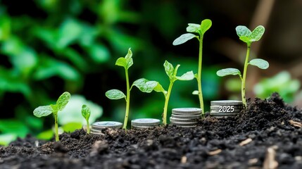 Wall Mural - A row of young plants growing from soil with stacks of coins behind them.