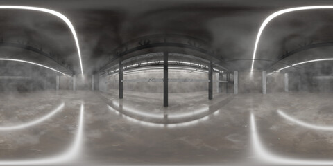 Poster - 360 degree panorama of foggy industrial space with modern lighting