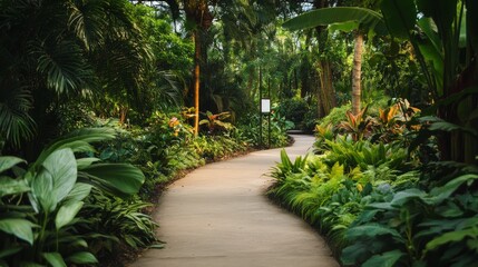 Poster - A serene botanical garden with meticulously curated plant collections and peaceful pathways, Gardening tools and informative signage set up for exploration, Classic photo of