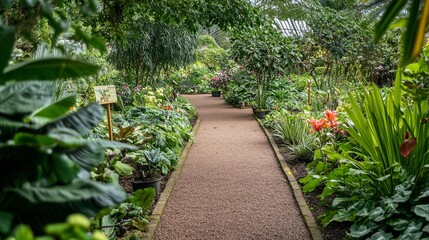 Poster - A serene botanical garden with meticulously curated plant collections and peaceful pathways, Gardening tools and informative signage set up for exploration, Classic photo of