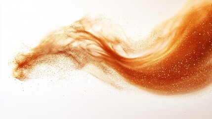 Poster - Golden sand erupts a swirling wave suspended in midair against a clean white background with particles forming an abstract cloud capturing the raw energy of nature in motion