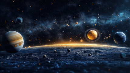 Wall Mural - celestial solar system artwork on dark blue background reflecting the beauty of winter solstice