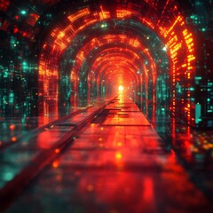 Poster - A dark cybernetic dream neon red and green lines merge into a mesmerizing grid of spiraling geometric forms shaping a detailed and immersive technical landscape glowing with electric intensity
