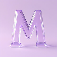 Delicate purple glass letter M sitting gracefully on a smooth surface with a soft light background, showcasing modern design aesthetics