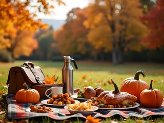 Autumn picnic with delicious food and pumpkins in a vibrant park surrounded by colorful foliage. Generative AI