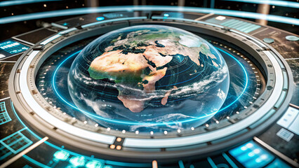 Poster - A vibrant Earth is displayed within a futuristic interface complete with holographic maps, data overlays, and glowing accents, creating a captivating visual experience