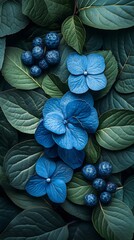 Poster - Lush green leaves intertwine elegant dark blue flowers in a striking botanical arrangement set on a deep moody background perfect for a dramatic floral display