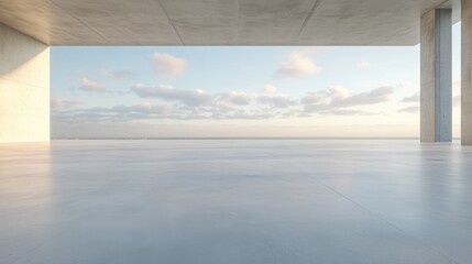 A large, empty room with a view of the ocean