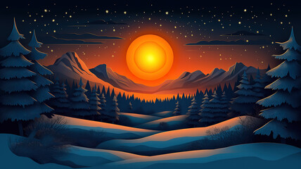 Wall Mural - papercut style postcard showcasing the dark sky with a glowing sunset or sunrise marking the winter