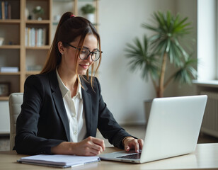 Businesswoman working laptop.