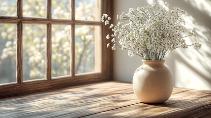 Fototapete - Minimalist home interior a delicate vase of white flowers on a wooden table The bright airy light background provides a perfect setting for a product display with a fresh and clean aesthetic