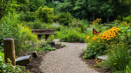 Poster - A serene butterfly garden with native plants and butterfly habitats, Garden tools and educational signs set up for ecological conservation, Natural photo of