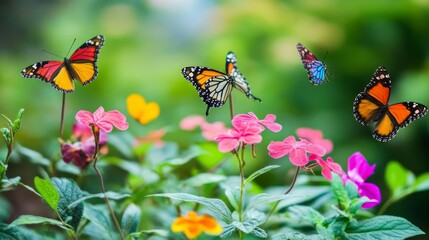 Poster - A serene butterfly garden with native plants and butterfly habitats, Garden tools and educational signs set up for ecological conservation, Natural photo of