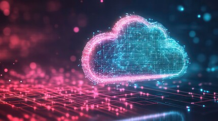 Poster - abstract cloud computing concept with digital network and glowing particles.