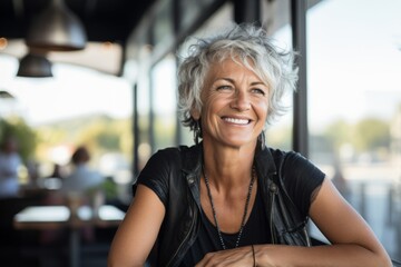 Portrait of happy senior woman sitting in cafe and smiling at camera