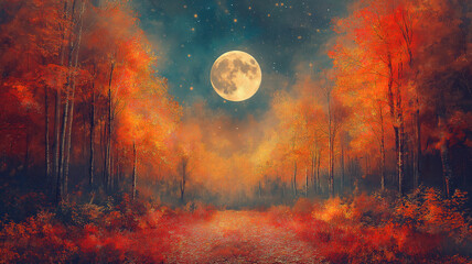 Wall Mural - autumn forest landscape featuring a full moon and stars creating an abstract background for winter s