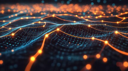 Poster - Abstract digital network of glowing lines and points on a dark background.