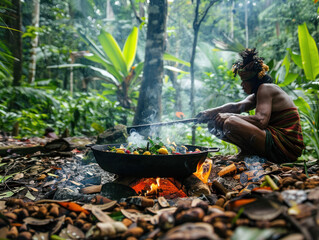 A rare national dish being prepared over an open fire in the middle of a remote jungle, using indigenous methods passed down through generations.