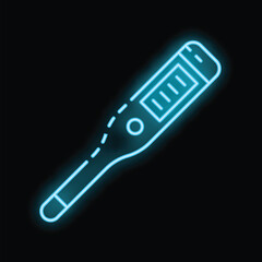 Poster - Blue neon icon of an electronic medical thermometer is glowing on a black background