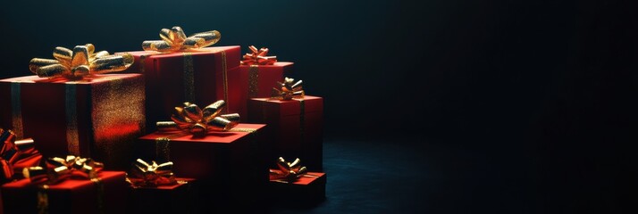 Leinwandbilder - Colorful gift boxes with shiny bows are beautifully stacked, creating an inviting atmosphere perfect for holiday celebrations. Generative AI