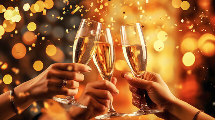 Celebration christmas or new years eve party. People holding glasses of champagne making a toast. Champagne with blurred bokeh and confetti background