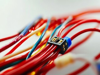 A bunch of red white and blue wires on a white surface