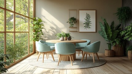 Poster - Scandinavianinspired living room featuring mintcolored chairs around circular wooden dining table beige walls and light wooden flooring accented by natural textures and plants