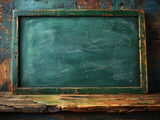 A weathered green chalkboard with faint chalk markings, set against a rustic wooden background.