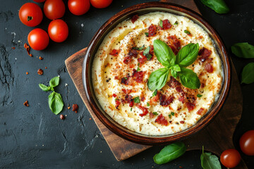 Ricotta Roasted & bacon light delicious background top view. Vegetarian menu, healthy food. Prevention of vitamin deficiency.