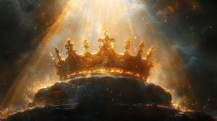 Poster - Crown sits atop a pedestal bathed in a warm golden beam of light creating an ethereal glow against the deep black background The lighting adds a touch of mystery and grandeur to the image